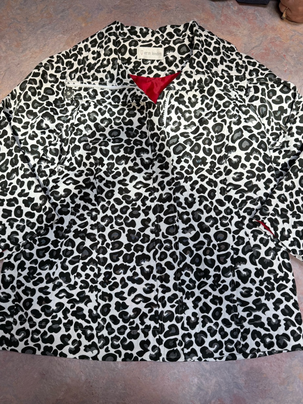 erin london Black and White Leopard Print Jacket with Red Lining